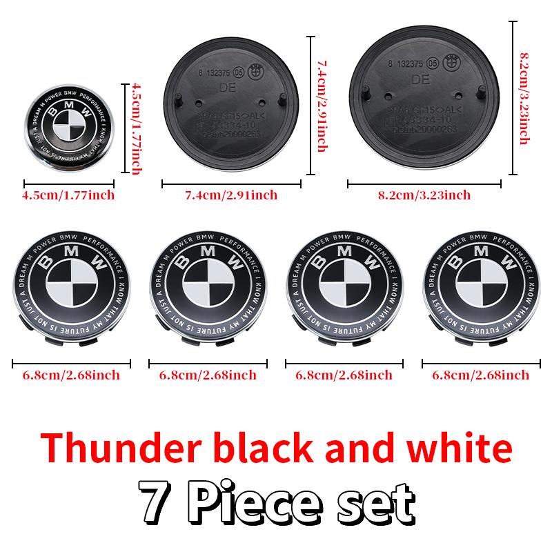 Competition Black White Emblem Set for BMW Hood Trunk Wheel Steering Badge 7Pcs 74m 82mm 68mm 56mm Universal 2-Pin 3-Pin Clips