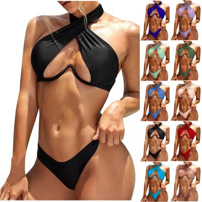 Women's Fashion Color Neck Gathering Underwire Split Sexy Bikini Swimsuit