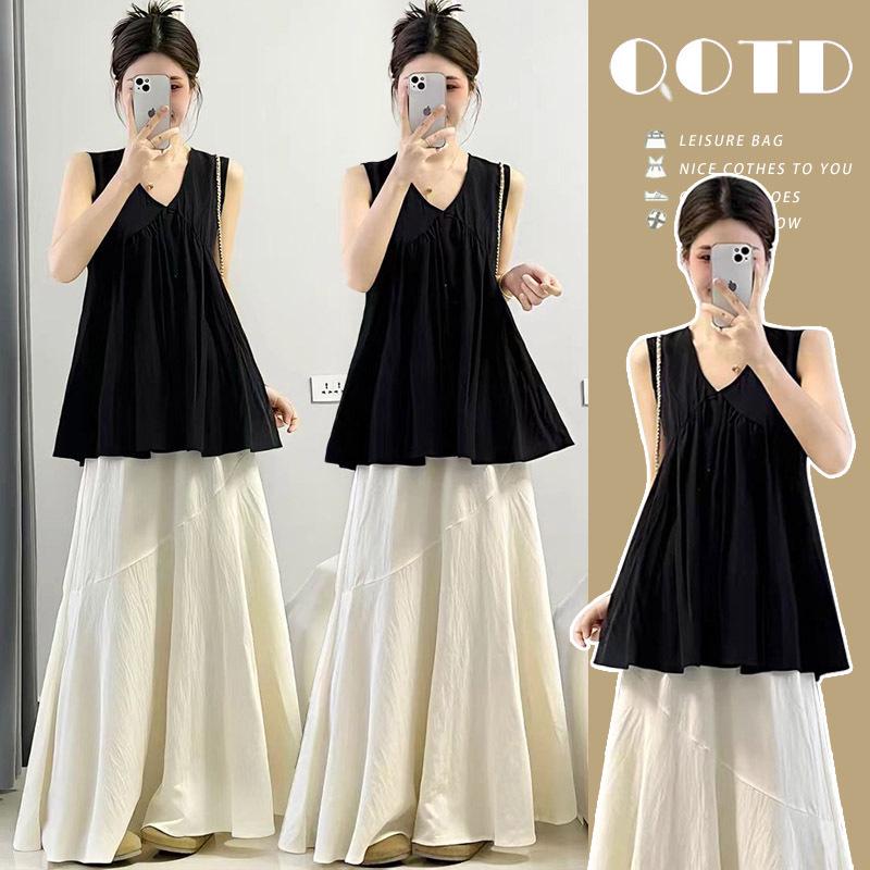 2026 Korean Style Plus Size Maternity Sleeveless Top & High-Waisted Skirt Set L