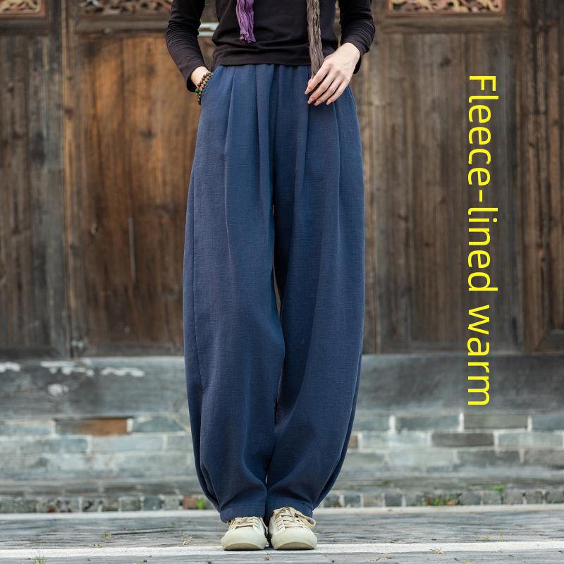 "Pantalones Farol de Algodón y Lino para Mujer": Otoño/Invierno, Lavado a la arena, Corte ajustado, Grueso con terciopelo."