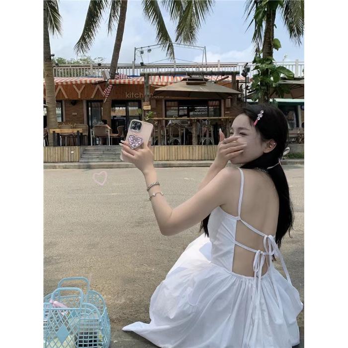 Women's Seaside Summer Backless Bandage Beach Dress with French Slip Design