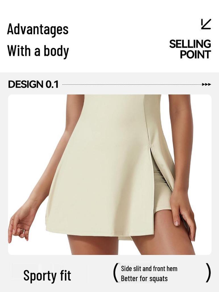 Yoga Fitness One-Piece Spaghetti Strap Tennis Dress with Chest Pad and Anti-Exposure Skirt