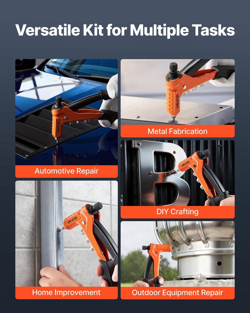 VEVOR Rivet Nut Tool Kit, 230 mm One-Handed Rivnut Tool Kit, with 8 Mandrels, a Step Drill Bit and 80 Nuts, Metric and SAE Size M3, M4, M5, M6, 6-32