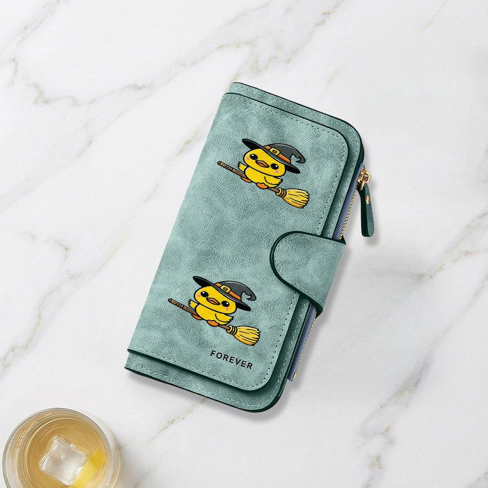 Cute Duck Witch On a Broom Print Long Wallet Multifunctional Portable Coin Purse with Clasp Large Capacity Clutch Bag Perfect for Daily Commuting