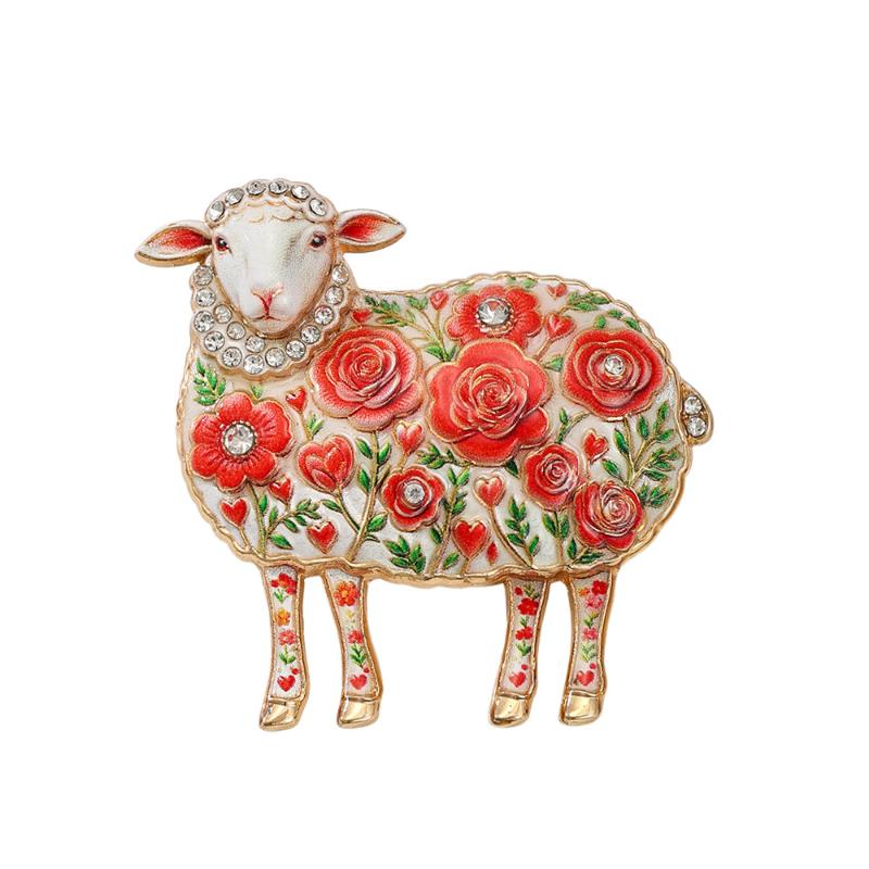 1Pcs Rose-Flower Sheep Brooches For Women Unisex 4-Color Rhinestone Year Of The Goat Animal Party Office Brooch Pin Gifts