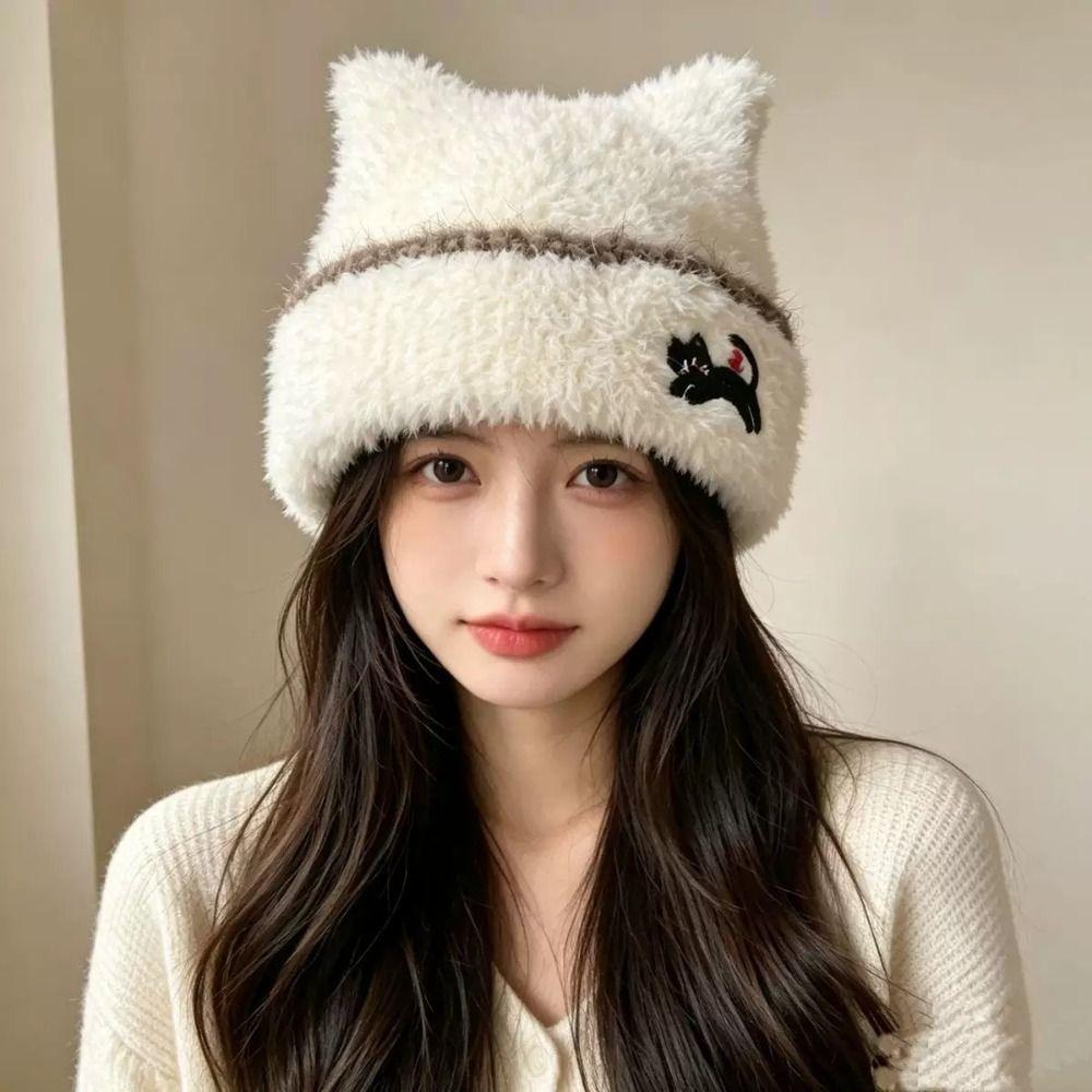 Cold Proof Plush Knit Hat Warm Cat Ear Hat Comfortable Fall Winter Skull Cap Casual Wear