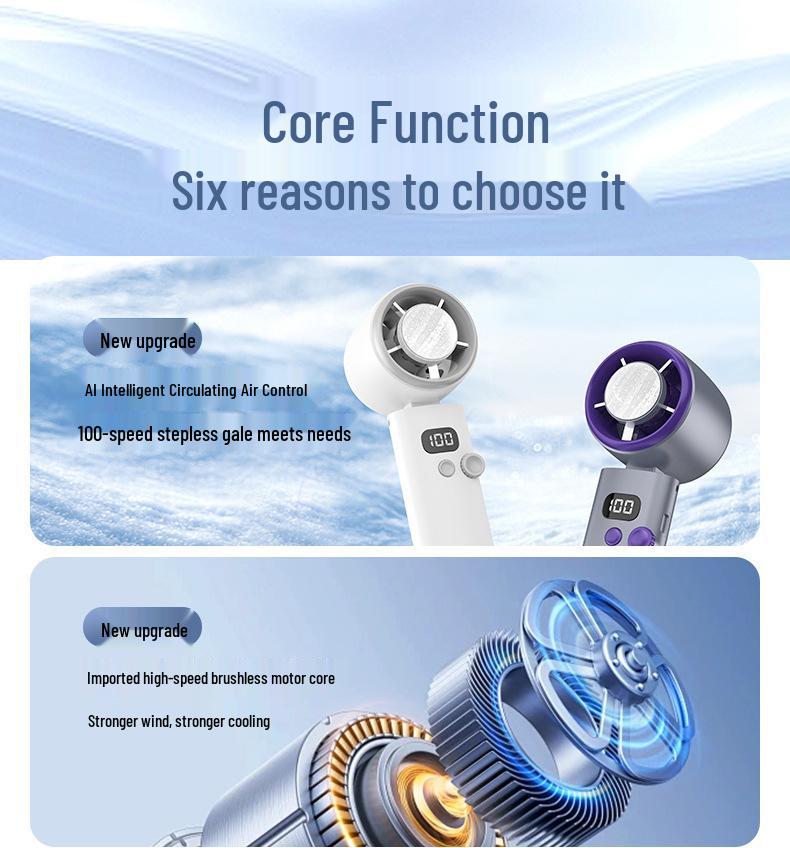 Portable High-Speed Bladeless Mini Fan with Digital Display and Cooling Ice Pack