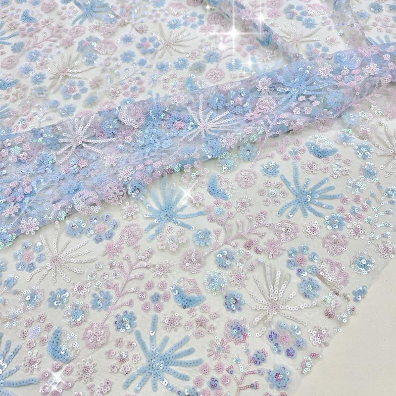 1/2/3yards Sequin Embroidered Lace Fabric Colorful Branches Butterfly Blue Snowflake Sequin Heavy Embroidery Tulle Fabric