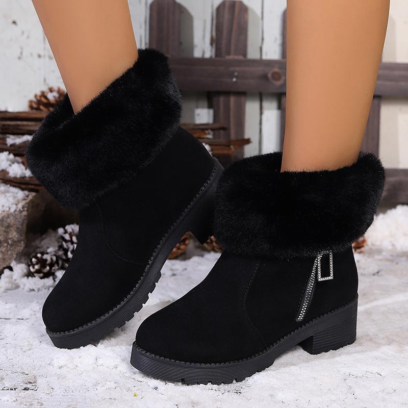 Winter Faux Fur Thick Heels Ankle Boots Women Faux Suede Short Plush Warm Snow Boots Woman Zipper Plush Winter Botas Mujer