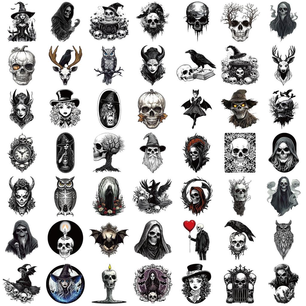 50 Pegatinas de Dibujos Animados Blanco y Negro Gótico Calavera Doodle Decorativas Guitarra Cuaderno Maleta DIY Impermeables