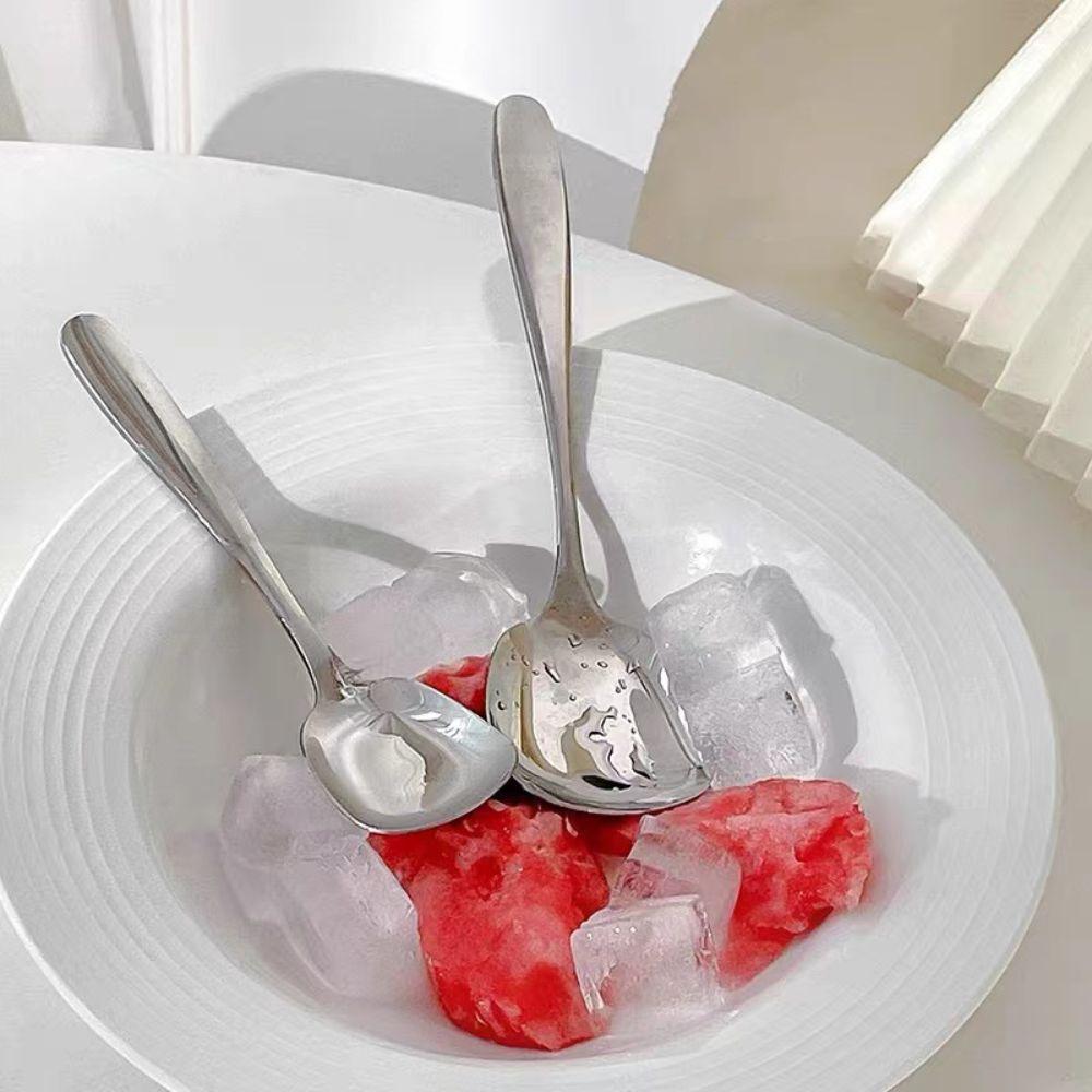 2Pcs Fashion 6.7Inch Stainless Steel Square Spoons Thick Silver Soup Spoons Mirror Polish Long Handle Rice Spoons