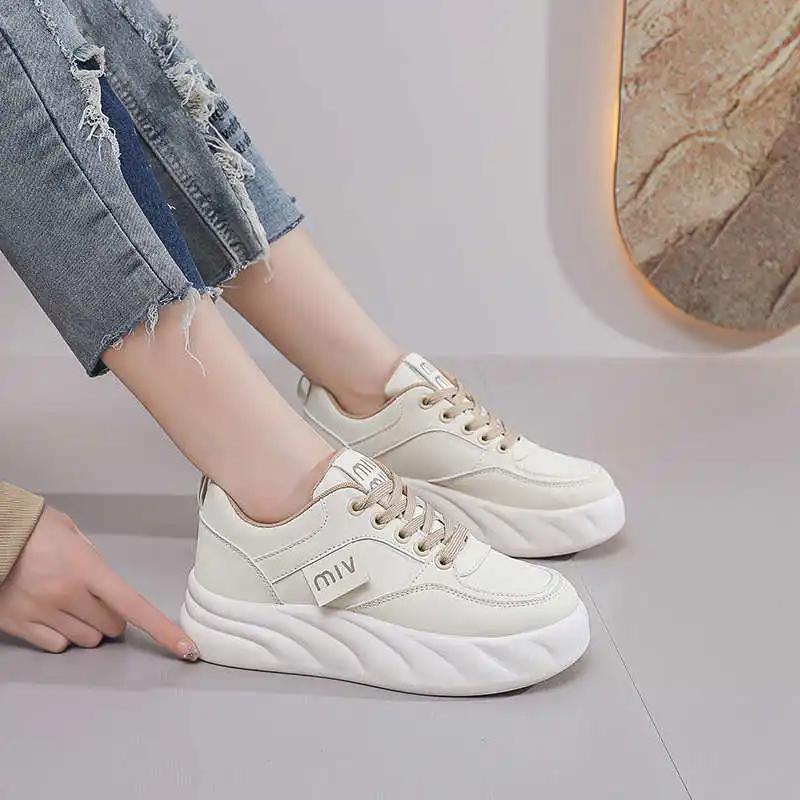 Fashion Legitimate Leather Lace-up Sneakers Sport Vulcanize Grandma Shoes Autumn Boots For Women Tenise Super Offers Newest