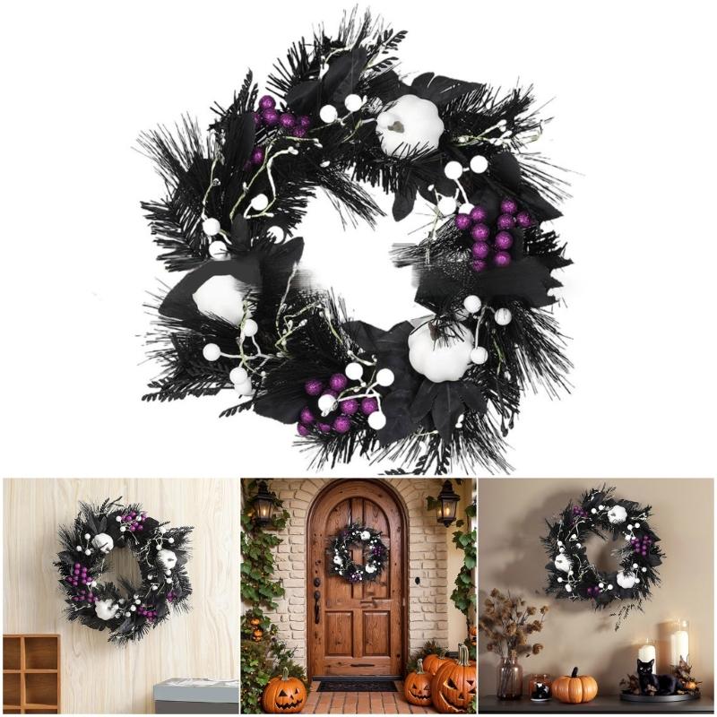 Halloween Door Wreath Gothic Garlands White Pumpkins Front Door Wreath for Indoor Outdoor Holiday Party Decoration