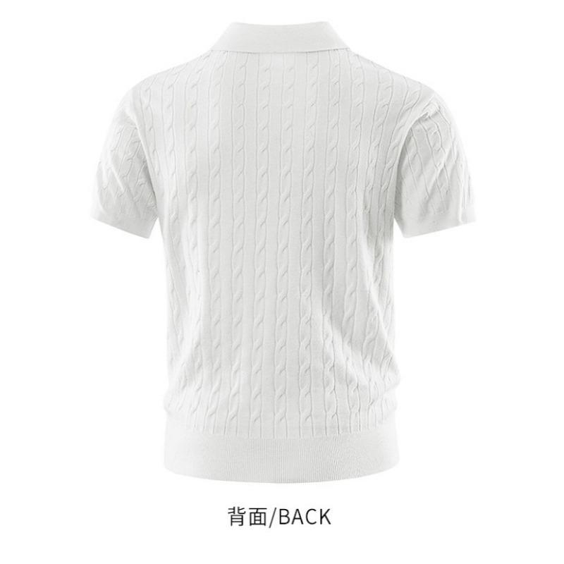 Men Business Casual Cable Knit Short Sleeve Collared Polo Shirt