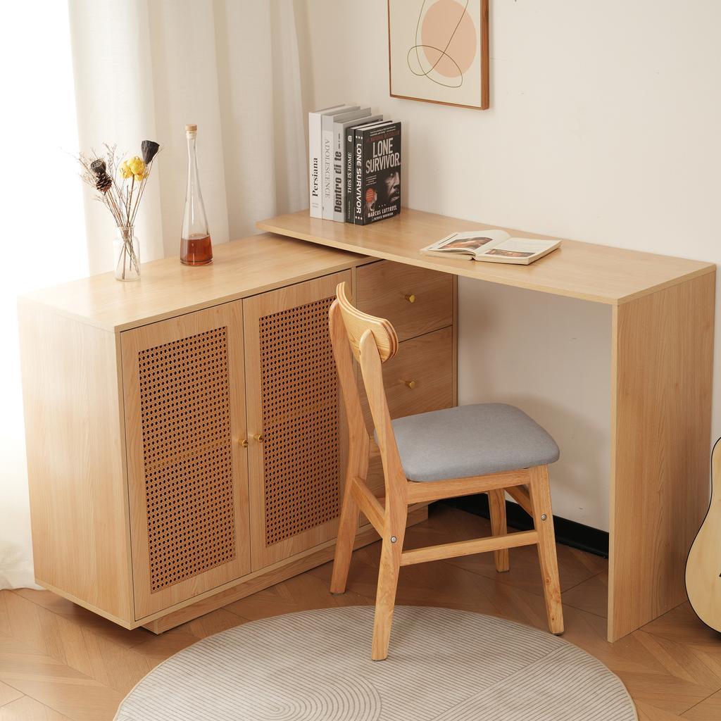 Desk, L-Shaped Corner Table, Computer Table with Rattan Doors, Dressing Table, White 126 cm