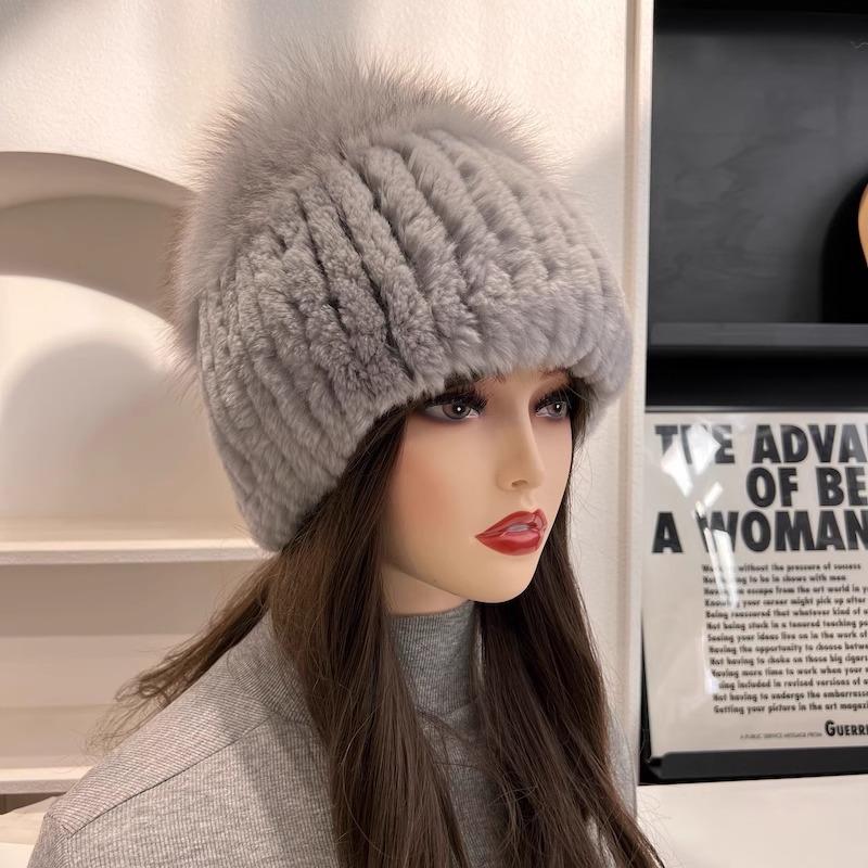 Women Winter Luxury Rabbit Fur Hat Knitted Rex Rabbit Fur Hat Top  Fox Fur Cap Genuine Fox Fur Beanies Hat
