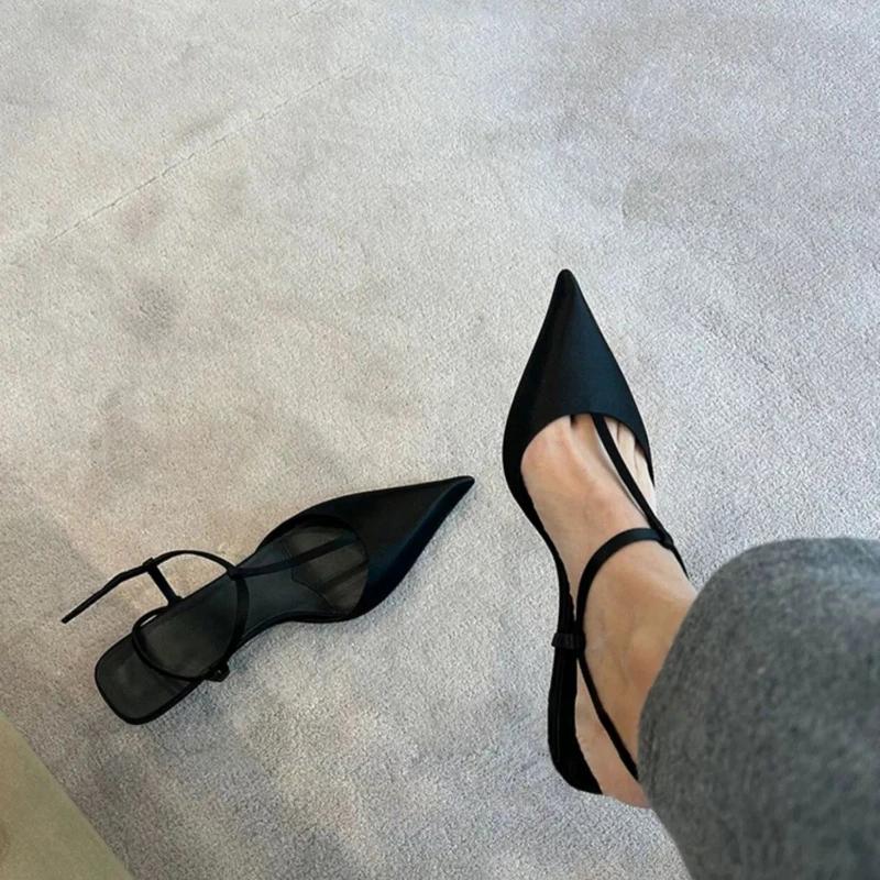 2025 Nye Slankende T-formede Pumps Dame Sexy Tykk Hæl Spiss Mellomhæl Enkelsko Flekk Sommer Lavt Utskjæring Festkjole Sko