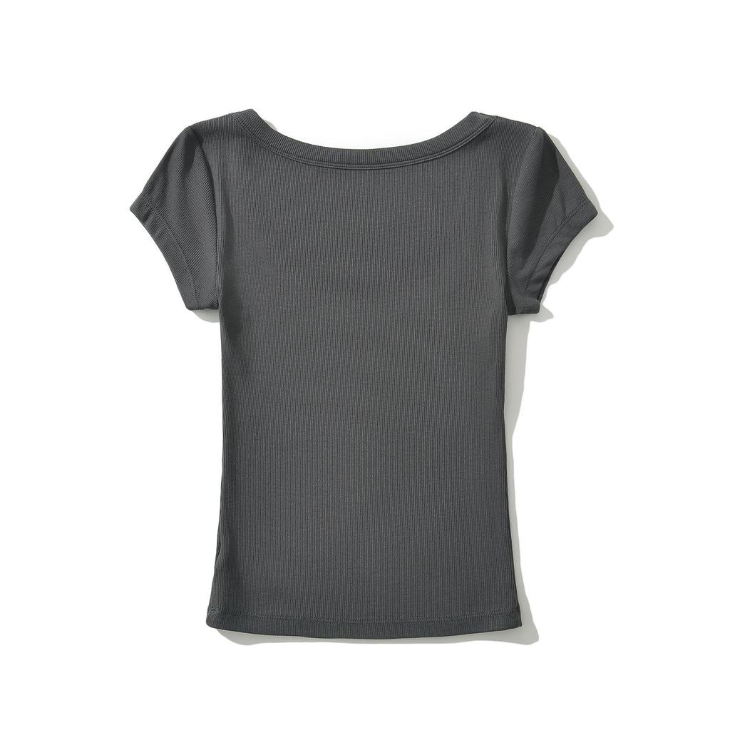 Damski letni dopasowany elastyczny top z krótkim rękawem, okrągłym dekoltem i wycięciem 2024