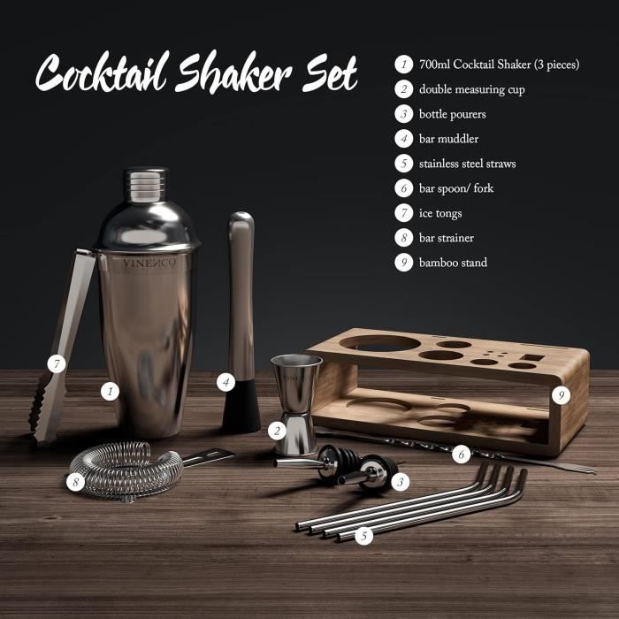 Cocktail shaker kit - vinenco - 700 ml - acier inoxydable - 10 pièces - design élégant