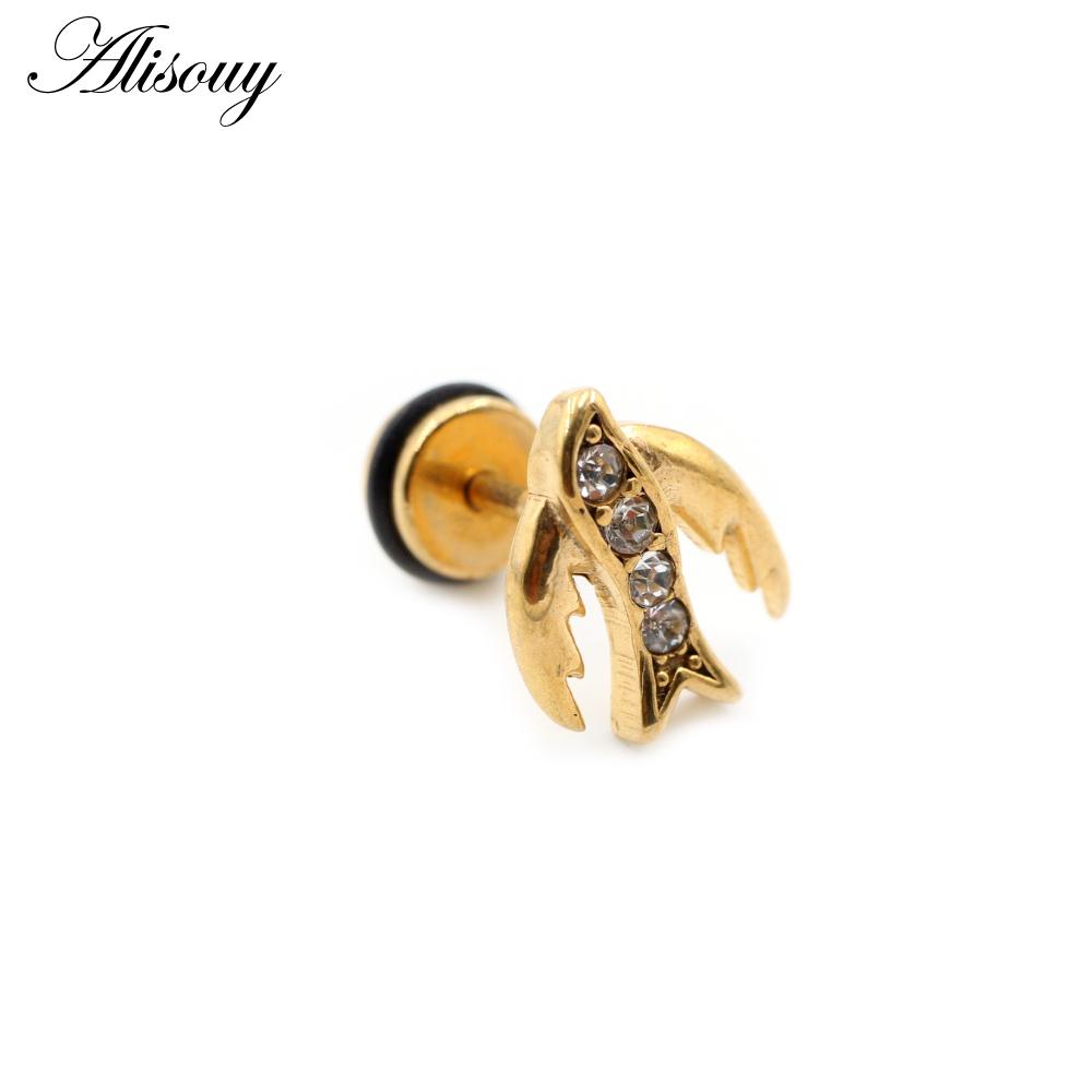 Alisouy 2pcs Stainless Steel Dolphin Lizard Sun Moon Cross CZ Women Men Ear Stud Earring Tragus Helix Cartilage Piercing Jewelry