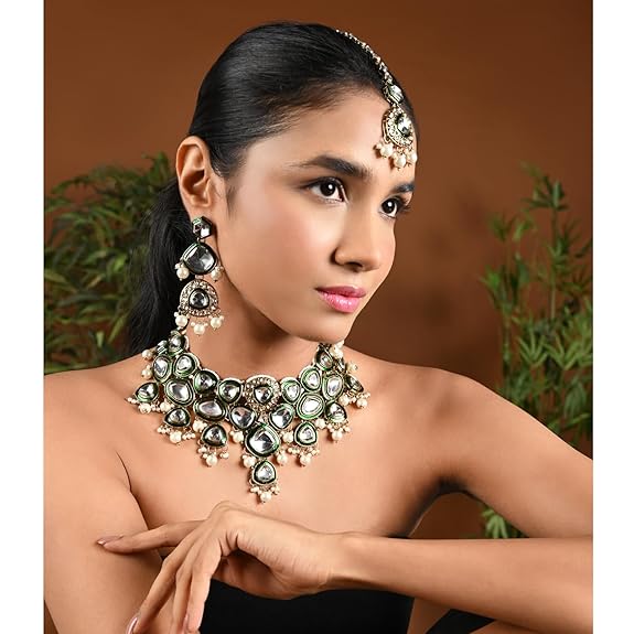 Gold Plated Traditional Kundan & Pearl Drop Bridal Necklace With Earrings & Maang Tikka Jewellery Set For Women