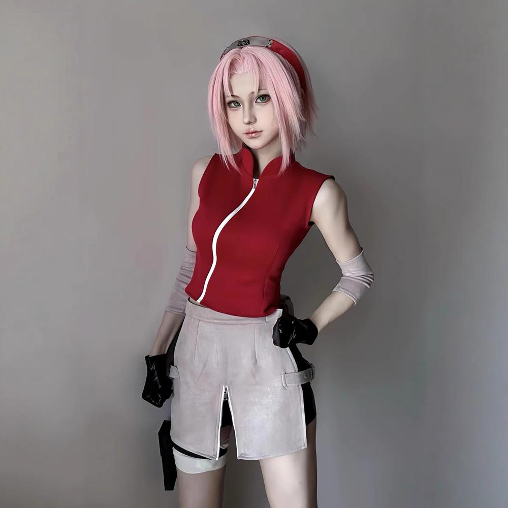 Anime Haruno Sakura Déguisement Cosplay Fille Ensemble Haut et Short Gant Pochette Accessoires Uniforme Vêtements d'Halloween Tenue M 55KG
