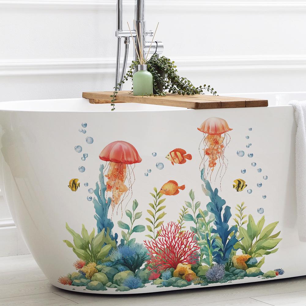 Cartoon Sea Floor Seaweed Coral and Small Animal Bathroom and Toilet Decoration Beautification Wall Stickers