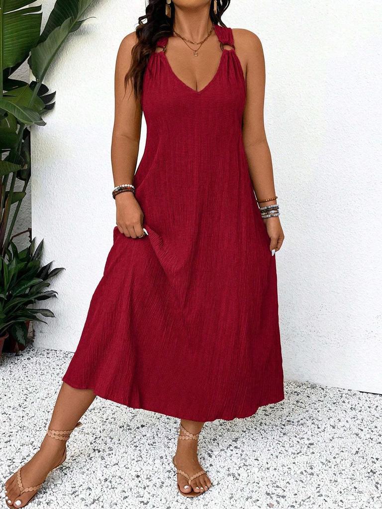 Damen Halterneck Plissee Midi Kleid Übergröße - Sommerlich Lässig Strandmode