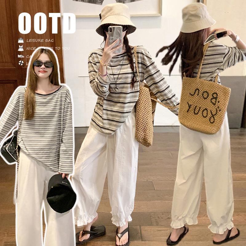 2026 Korean Style Black Striped Maternity Long Sleeve T-Shirt & Cropped Pants Set M