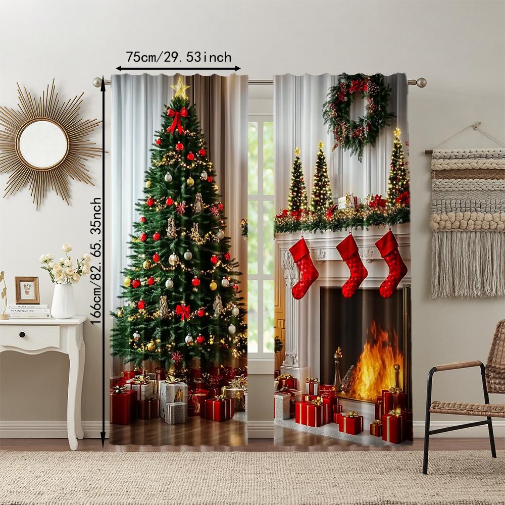 2Pcs Festive Christmas Tree And Fireplace Design Window Curtains Polyester Digital Printed Drapes For Living Room And Bedroom