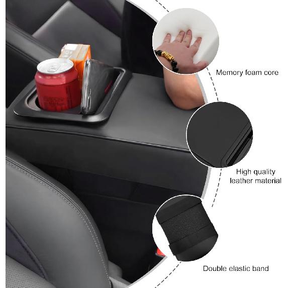 Car Center Console Armrest Pillow, Waterproof Leather Armrest Cushion with Cup Holder & Phone Holder, Memory Foam Arm Rest Box Cover Protector with