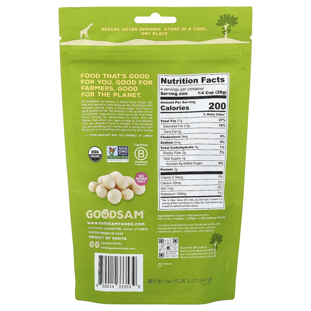 GoodSam PBC, Organic Macadamia Nuts, Raw and Unsalted, 4 oz (113 g)