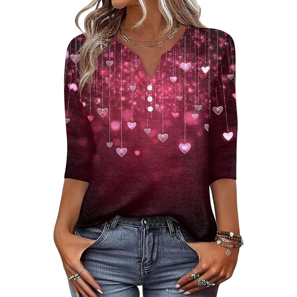 Camiseta feminina estampada com botões, manga 3/4, moda diária, de fim de semana, básica, decote em V, top regular