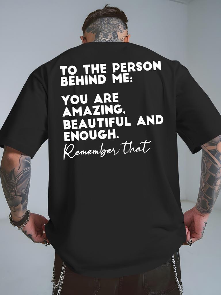 Summer Mens Back Print TShirt The Person Behind Me Inspirational Quote Breathable Beach Shirt Short Sleeve Vacation Top