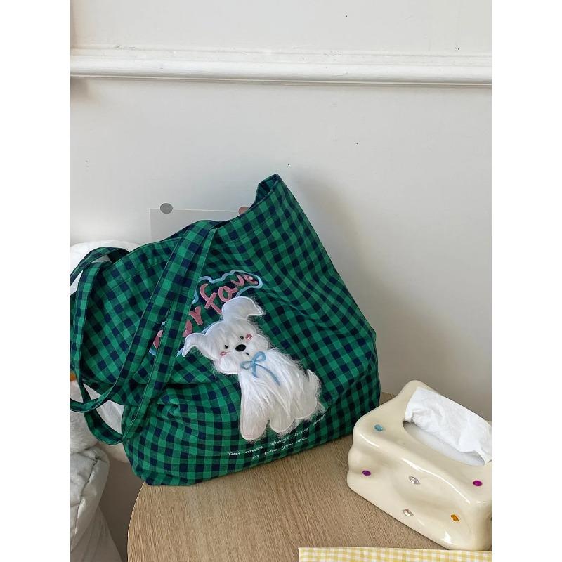 Plush Puppy Women's Plaid Shoulder Bag Cute College Girls  Book Tote Handbags Letter Embroidery Female Travel Shopping Bags