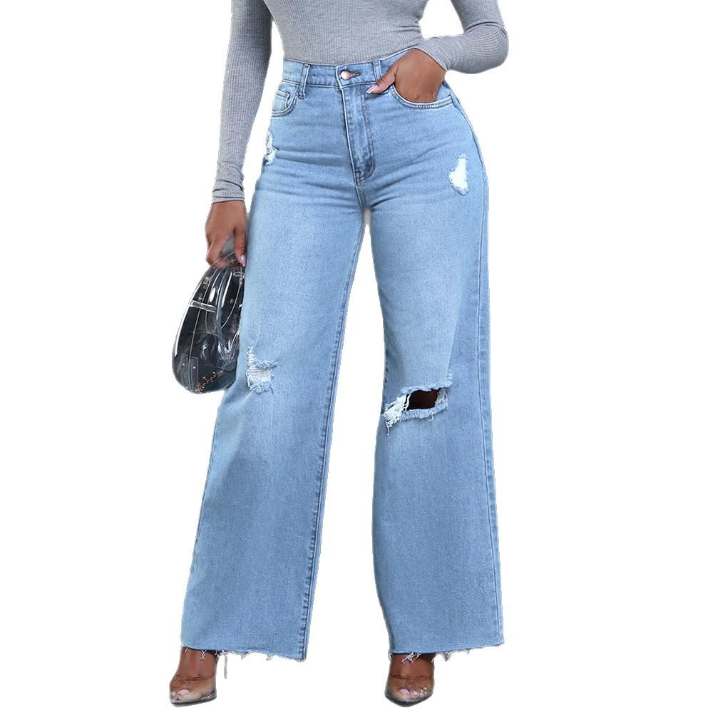 2025 Summer High Waist Ripped Jeans: Women's European & American Street Style, Loose Straight Wide-Leg Pants