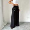 Women Pants Elastic High Waist Solid Color Trousers Buttons Decor Wide Leg Loose Fit Casual Pants