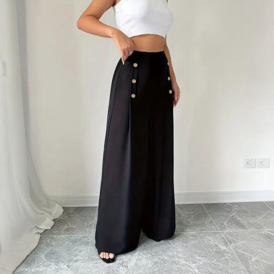 Women Pants Elastic High Waist Solid Color Trousers Buttons Decor Wide Leg Loose Fit Casual Pants