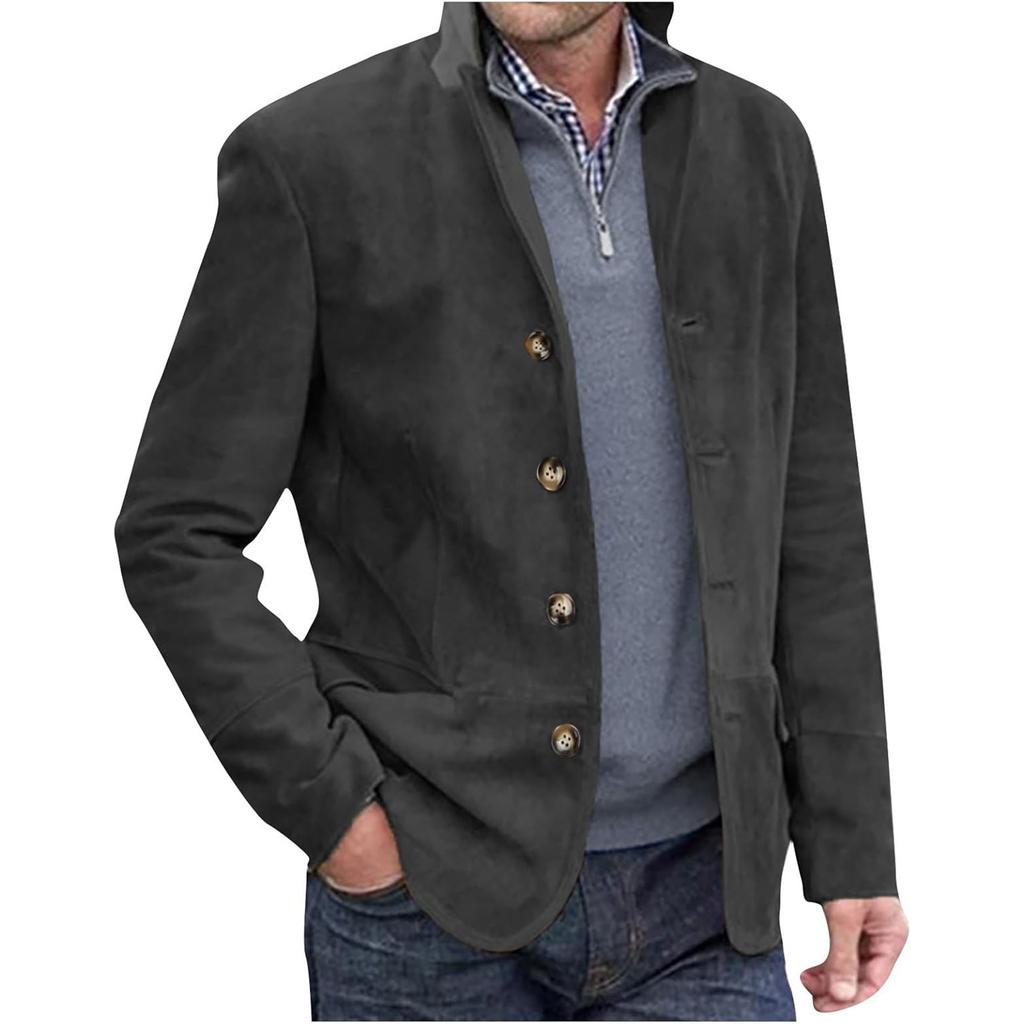 Men's Casual Cuban Collar Work Jacket Retro Lapel Suit Jacket