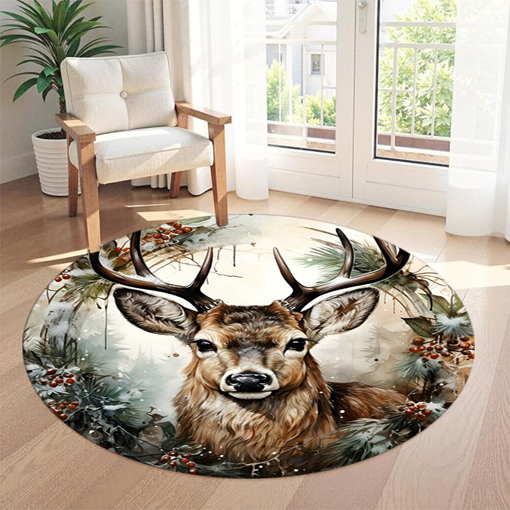Elk Round Floor Mat Design for Dining Room Entryway Bedrooms Game Room Anti-slip Round Rug Decorate Offices Perfect Gift for Friends Family
