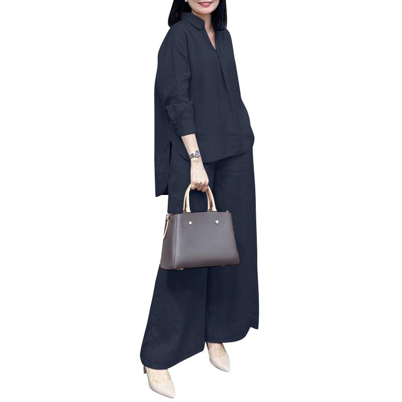 

ZANZEA Женская блузка с длинными рукавами и брюки повседневные комплекты из двух предметов 4XL темно-синий