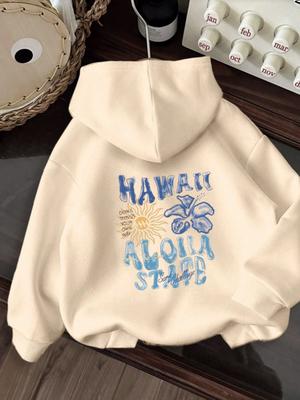 2025 Autumn Winter Hawaiian Flower Print Creative Letter Women's Long Sleeved Round Neck Comfortable Sweatshirt Casual Clothing