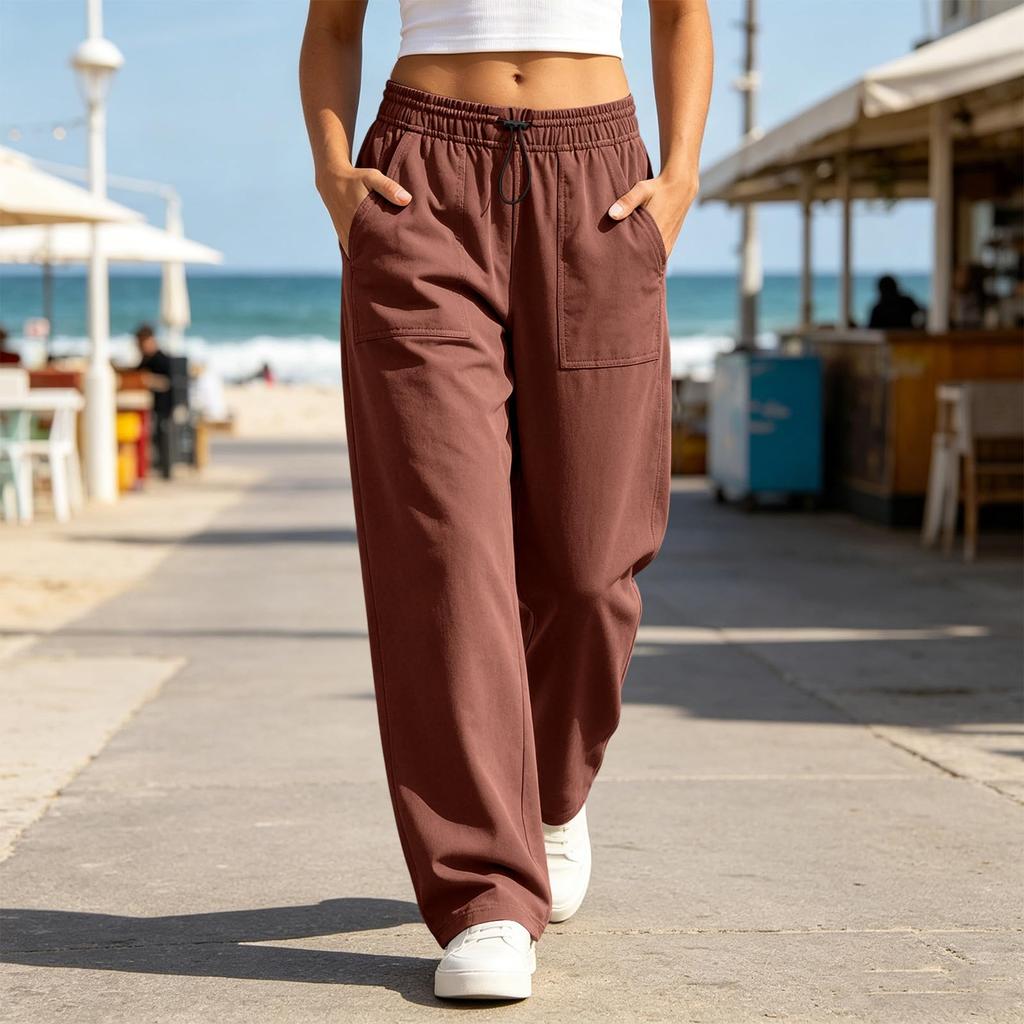 Women Casual High Waist Drawstring Wide Leg Pants Loose Fit Lounge Jogger Trousers with Pockets Elastic Waistband