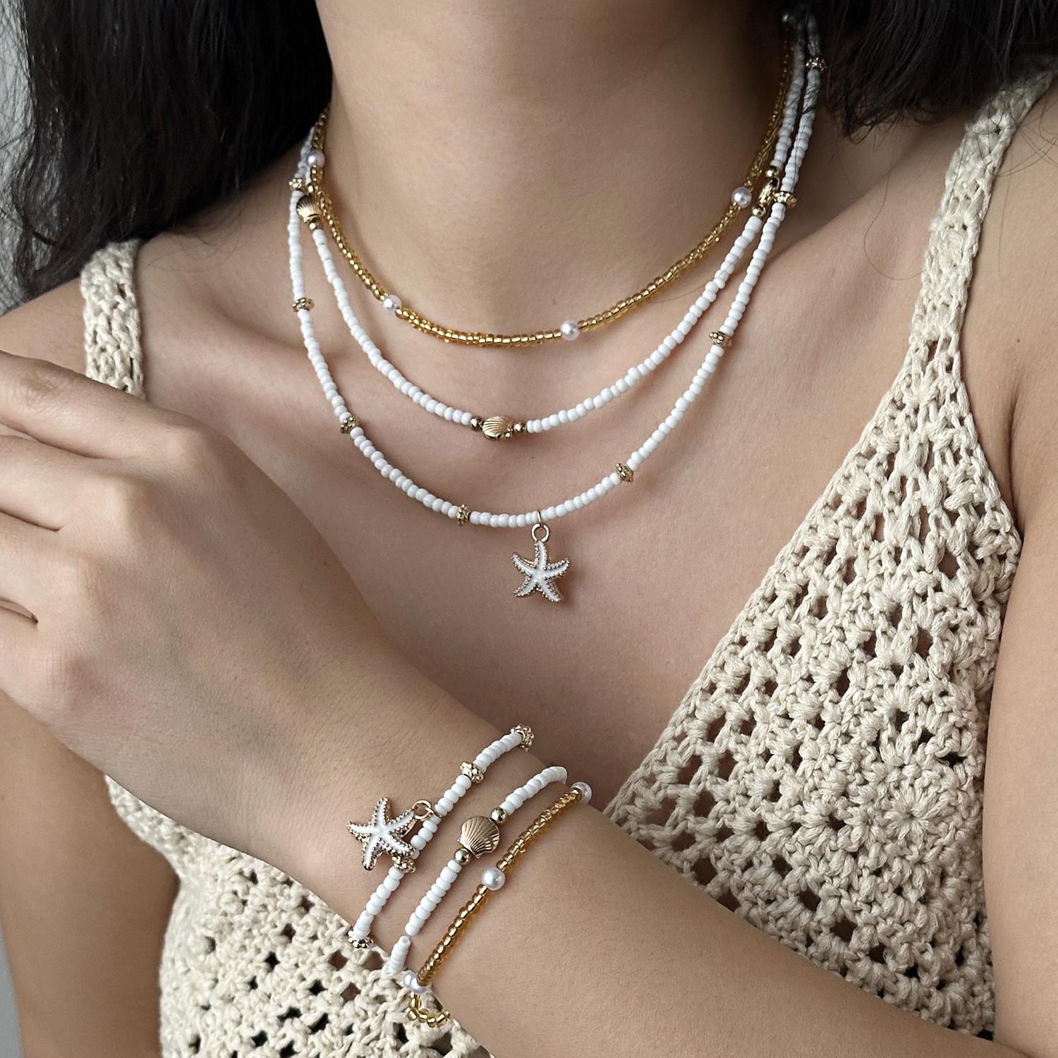 

Boho Multilayer Starfish Shell Rice Beads Jewelry Set for Women Vintage Imitation Pearl Necklace Earrings Summer Beach Jewelry