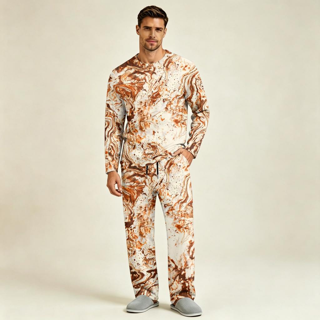 Men's Pajama Set Long Sleeve Top and Long Pants with Button Crotch and Elastic Drawstring Waist for Home Loungewear