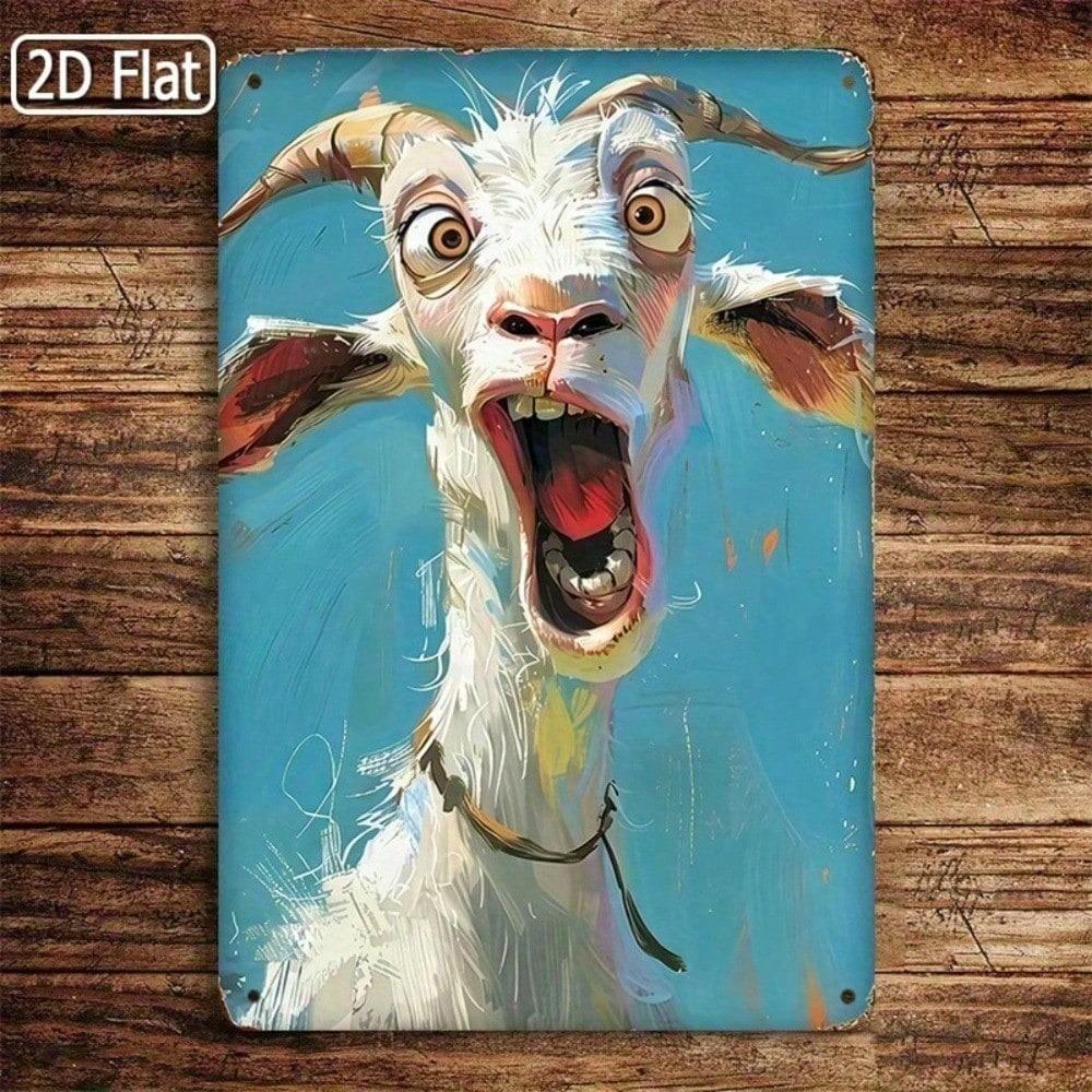 1PC 2D Flat Metal Tin Sign, Funny Screaming Goat Portrait Wall Art, Whimsical Blue Background Animal Poster, Rustic Farmhouse Decor
