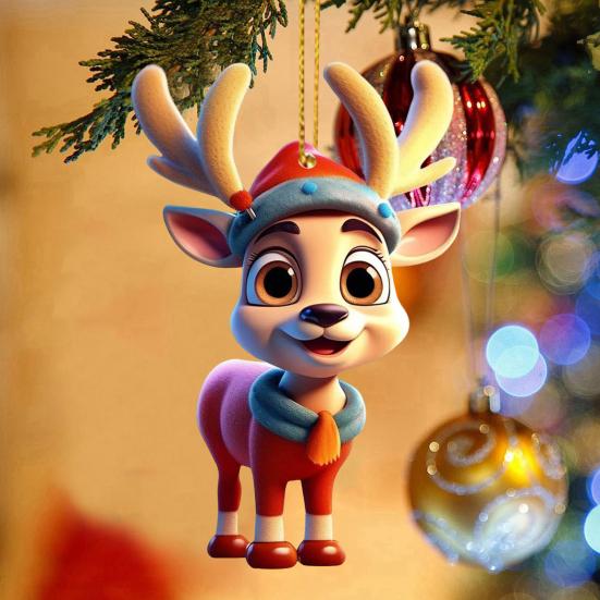 2D Flat Acrylic Elk Pendant Cartoon Deer Christmas Tree Decoration Car Rearview Mirror Hanging Charm for Auto Interior Accessories Xmas Tree Decor