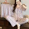 Women's Summer High-Quality Crinkle Fabric Heart Pajama Set - Short Sleeve Three-Piece Loungewear for Indoors or Outdoors