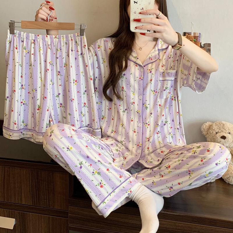 Women's Summer High-Quality Crinkle Fabric Heart Pajama Set - Short Sleeve Three-Piece Loungewear for Indoors or Outdoors