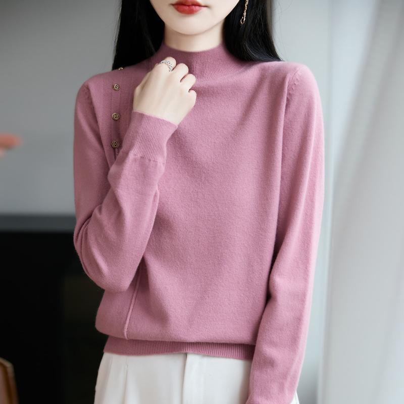 Women's Mock Neck Knit Sweater Button Decor Long Sleeve Solid Color Base Layer Top